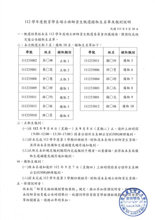 公告本系112學年度碩士班師資生甄選錄取生名單及報到說明